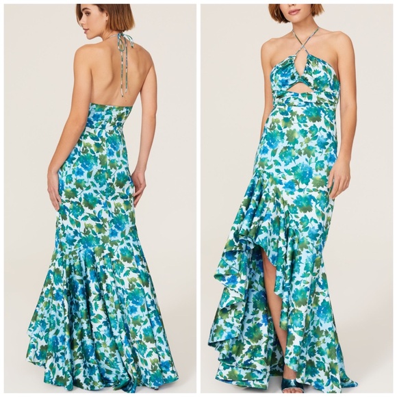 AMUR Edie High Low Tie Neck Gown in Cerulean Blue Lotus Block Print  - SIZE 2 - Picture 1 of 15